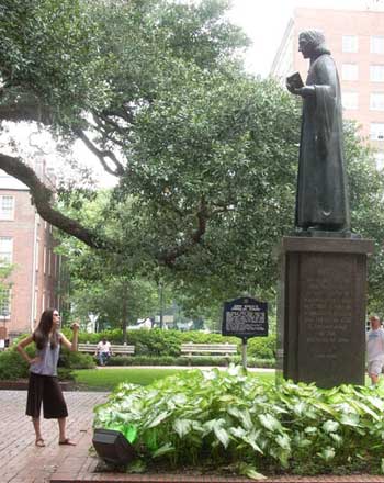 Carrie Anne Hunt ("Sophie Hopkey") visits the statue of John Wesley in Savannah, GA